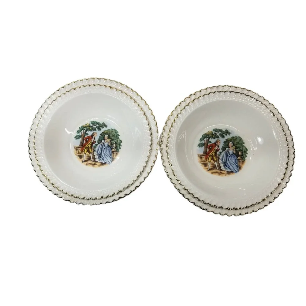 THE HARKER POTTERY CO Colonial Couple decaled Gadroon 22 KT GOLD 4 Bowls